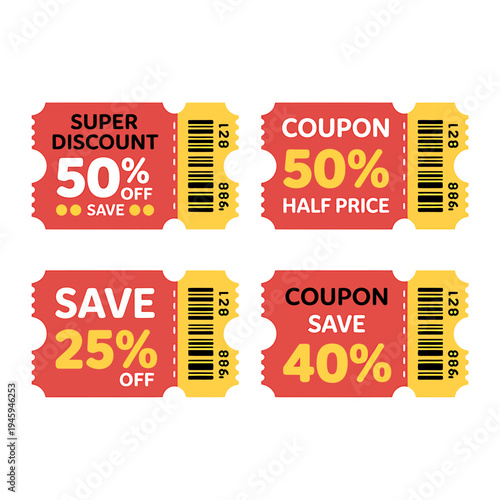 Discount coupon tickets with percentages and barcodes on white background