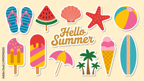 Hello summer stickers with colorful beach and ice cream icons on beige background