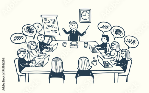 Business team meeting and presentation doodle with leader showing growth charts on flipchart to colleagues