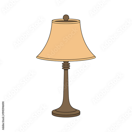 A brown table lamp with beige shade and spherical finial on white background