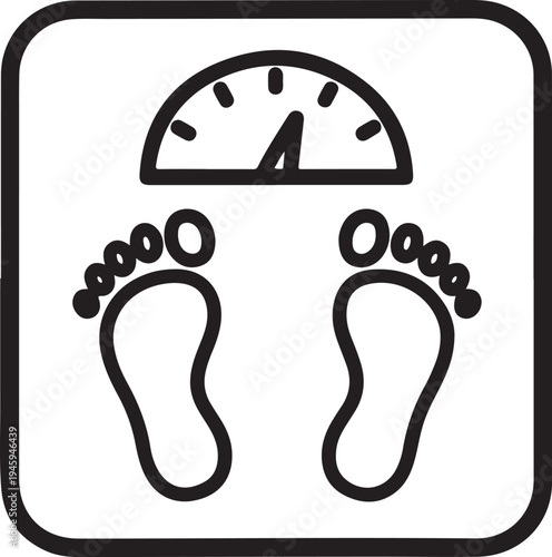Bathroom scale icon with footprints, weight loss and fitness concept line art.