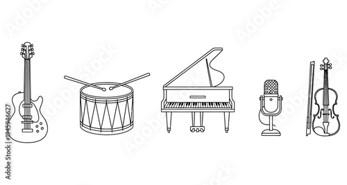 Musical Instruments Line Art Vector Set for Design and Illustration