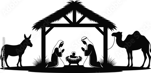 Traditional Christmas nativity scene silhouette featuring the holy family, manger, donkey, and camel isolated on a clean white background.