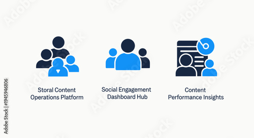 Icons for storage content operations, social engagement dashboard, and content performance insights