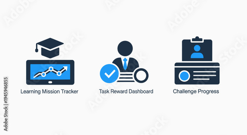Learning tracker, task reward, and challenge progress icons - education and business concept