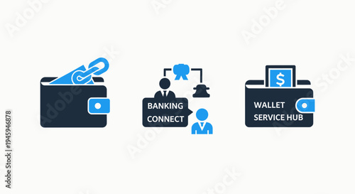 Digital financial wallet and banking services: fintech connect, payment hub, and secure transaction icons