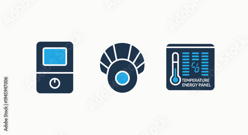 Digital timer, circular fan, and temperature energy panel icons - smart device technology and climate control