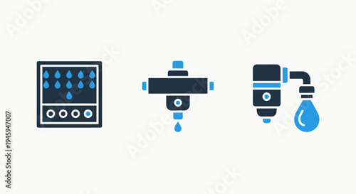 Water filtration panel, pipe filter, and water droplet faucet icons - purification and resource management technology