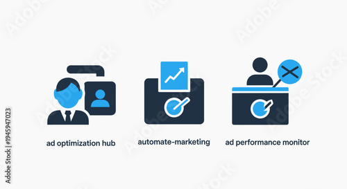 Ad optimization hub, automate marketing, and ad performance monitor icons - digital advertising technology