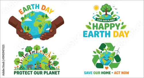 Hands cradling earth globe with earth day messages and environmental symbols