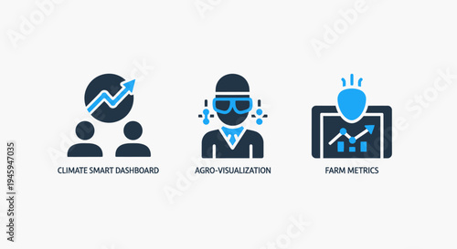 Climate smart dashboards, agro-visualization, and farm metrics icons - agricultural technology and smart farming