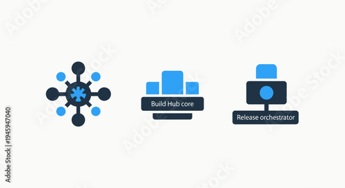 Modern technology core system development and release orchestration icons - digital business infrastructure graphics