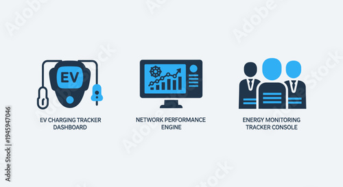 Electric vehicle charging, network performance, and energy monitoring technology icons for business analytics