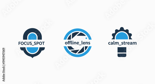 Focus spot, offline lens, and calm stream icons for photography, engineering, and digital workflow concepts