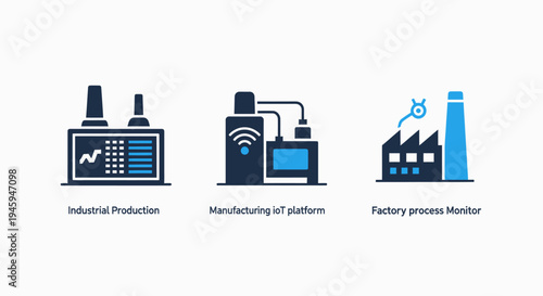 Industrial production, iot manufacturing platform, and smart factory process monitoring icons for industry 4.0