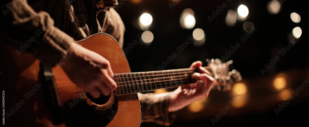 Fototapeta premium The Acoustic Guitar Strummed by Musician in Dimly Lit Venue with Warm Bokeh Lights