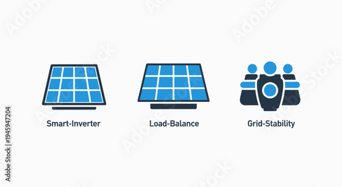 Smart grid energy technology icons: inverter, load balance, and grid stability for sustainable power systems