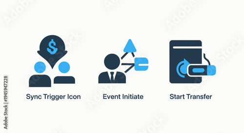 Financial trigger, event initiation, and data transfer icon set for business processes and digital operations