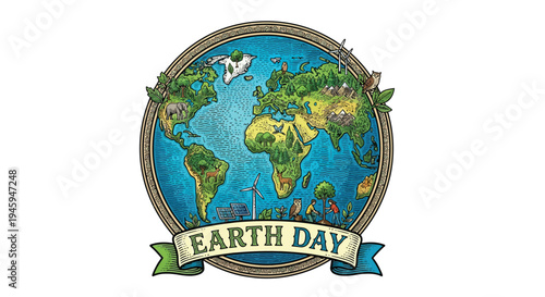 A colorful illustration of earth depicting diverse flora and fauna for earth day