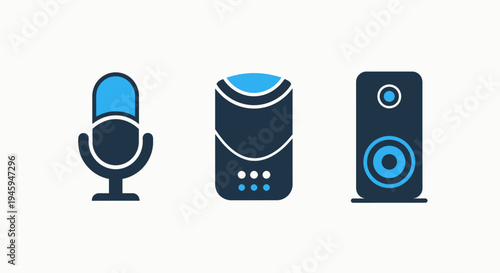 Modern audio technology and smart voice assistant devices icons on white background