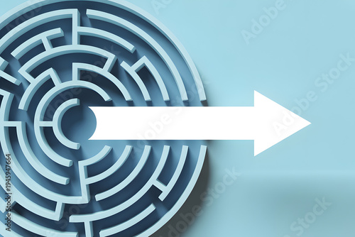 Circular labyrinth with straight arrow exit icon — efficient problem solving, shortcut strategy and streamlined decision path concept