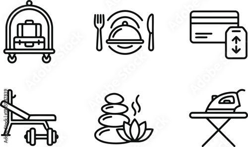 A collection of six essential hotel amenities and guest services depicted with line icons