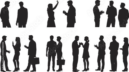 Silhouettes of ten pairs of people interacting, communication gestures, teamwork, business discussion, social behavior, collaboration, office communication, diversity, modern workplace illustration