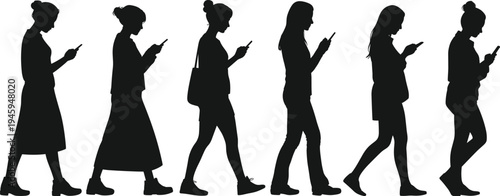 Silhouettes of women walking while looking at smartphones, modern society technology addiction concept, digital lifestyle evolution and mobile device dependency illustration