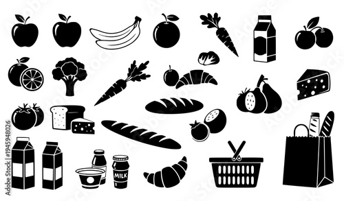 Stylized Food and Grocery Silhouette Vector Set for Shopping and Market Design