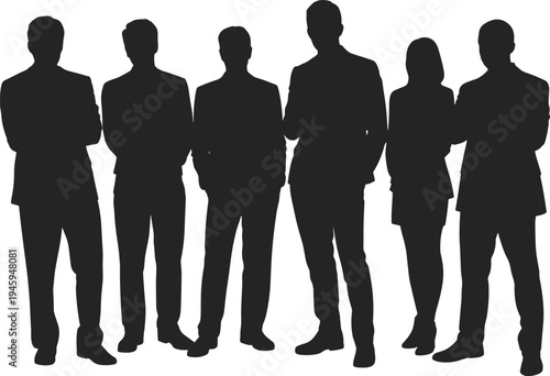 Six confident business silhouettes of professional men and women in corporate attire, teamwork, leadership, unity, career success, office communication, modern workplace illustration