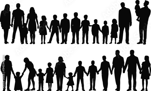 Family silhouettes collection, parents children holding hands generations together people standing isolated, happy family life flat vector illustration