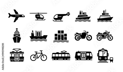 Minimal Black Transport Glyph Vector Icons for Air, Land, and Sea Travel
