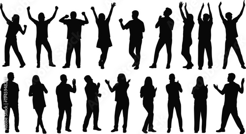 Sixteen diverse silhouettes of men and women in dynamic and casual poses, celebration, conversation, social interaction, posture study, lifestyle diversity illustration
