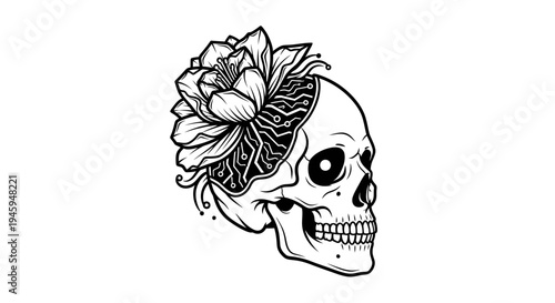 Human Skull with Floral Decoration Side View.
