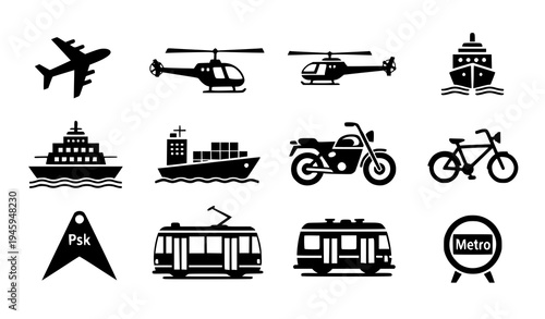 Stylized Transport Glyph Vector Icon Set for Air, Land, and Water Vehicles
