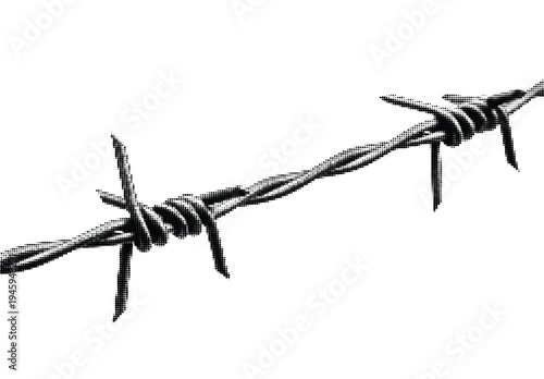 Monochrome barbed wire fence segment with sharp edges