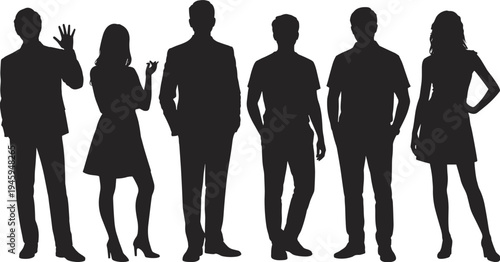 Six diverse silhouettes of men and women in casual and formal attire, individuality, teamwork, group dynamics, communication, diversity, modern workplace and social illustration