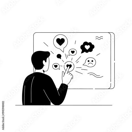 Man interacting with digital emotion icons.
