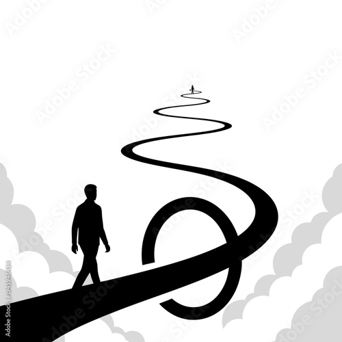 Man walking on winding road ahead.