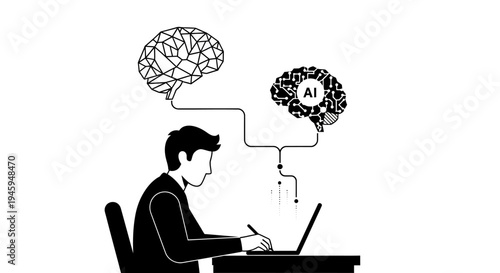 Man Working on Laptop with Brainstorm.