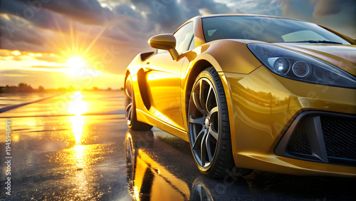Low angle close up sleek modern yellow sports car parked on wet asphalt road reflecting golden sunset light against dramatic cloudy sky.