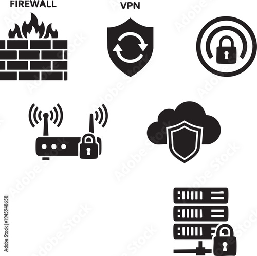 Network Security and Cloud Data Protection Infrastructure Icons Silhouettes