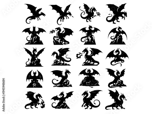 Collection of various black dragon silhouettes in different poses and actions, depicting fantasy creatures.