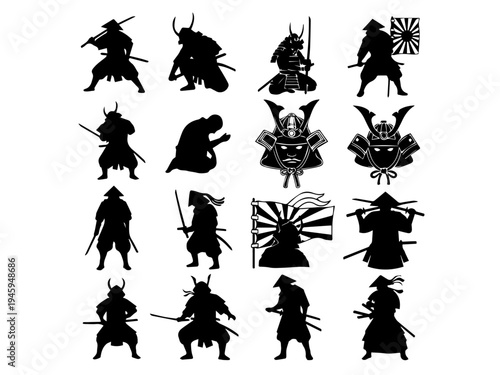 Collection of black samurai warrior silhouettes in various poses with traditional Japanese armor and weapons.