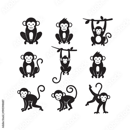 Set of eight black monkey silhouettes in various poses vector illustration