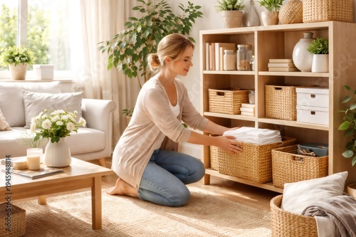 Woman organizing home living space, tidying folded clothes into a natural wicker basket on a wooden bookshelf, creating a neat and inviting environment