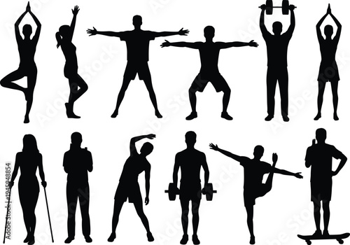 Fitness workout silhouettes collection, people exercising yoga stretching weightlifting training gym activity poses isolated, healthy lifestyle vector illustration set