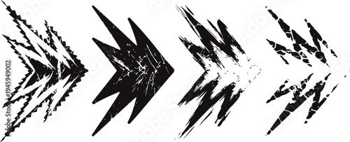 set of four distressed black arrow icons pointing right with grunge texture