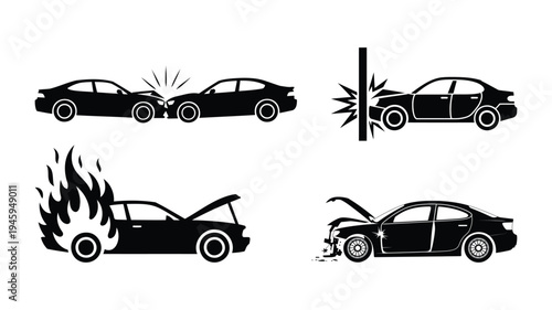 Car accident icons showing vehicle collision fire and breakdown situations in black silhouette