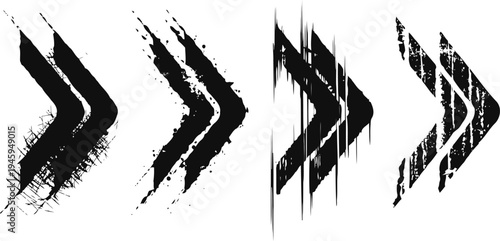 Grunge arrow icons set abstract black rough double arrowheads pointing right direction, movement symbols, design elements